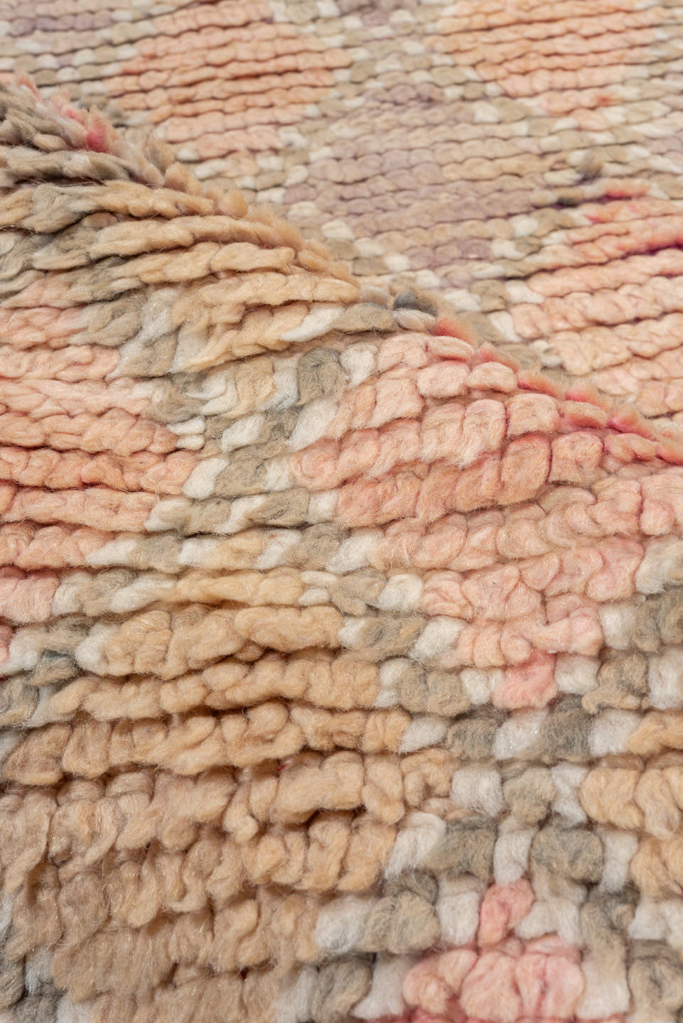 3' x 8' one-of-a-kind handmade vintage Moroccan runner rug. Color palette: blush, taupe, sand, mauve, ivory, rose, pink