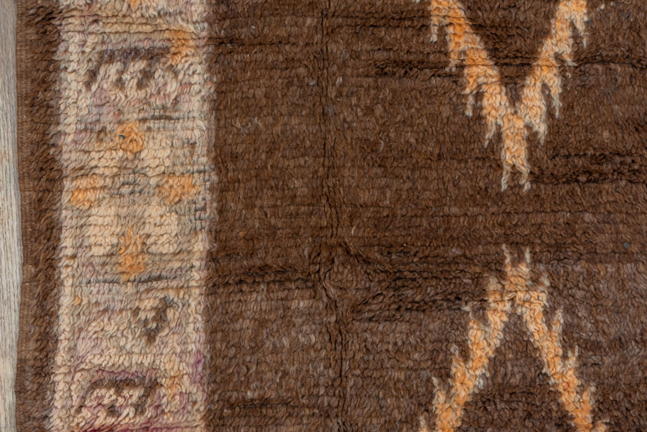 4' x 7' one-of-a-kind handmade vintage Moroccan rug. Color palette: brown, ivory, blush, taupe, charcoal, teal, purple, gold