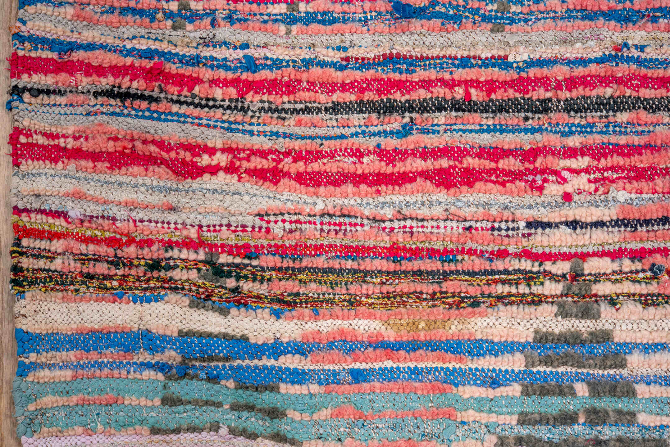 4' x 6' one-of-a-kind handmade vintage Moroccan small size rug. Color palette: blush, rose, ivory, sky blue, lavender