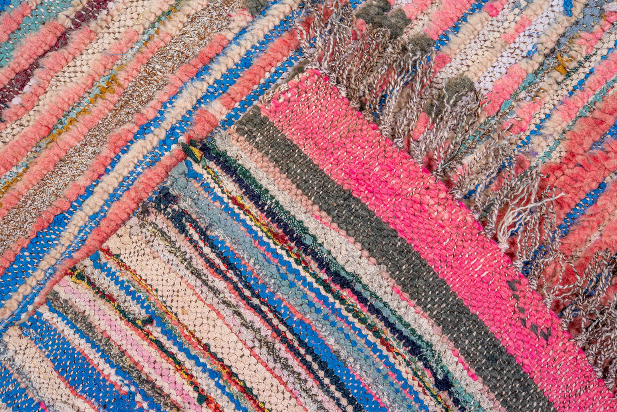 4' x 6' one-of-a-kind handmade vintage Moroccan small size rug. Color palette: blush, rose, ivory, sky blue, lavender