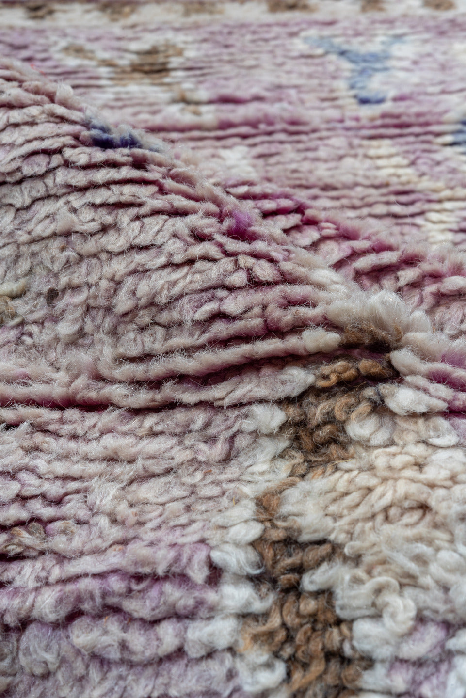 3' x 8' one-of-a-kind handmade vintage Moroccan runner rug. Color palette: blue, brown, gray, light gray, off-white, pink