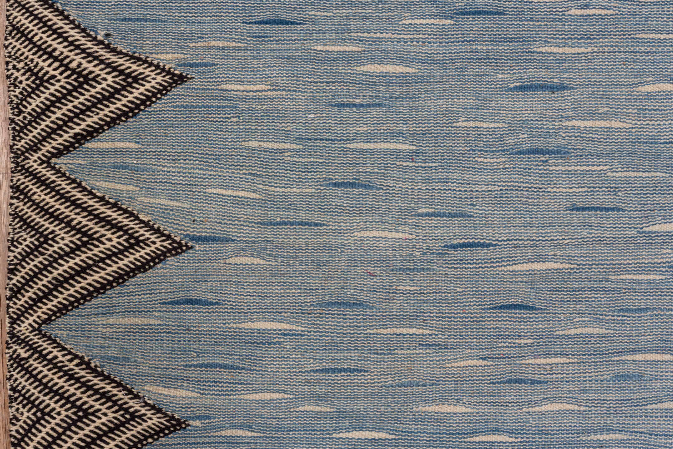 4' x 8' one-of-a-kind handmade vintage Kilim rug. Color palette: pale blue, ivory, charcoal, slate, light blue, gray, black