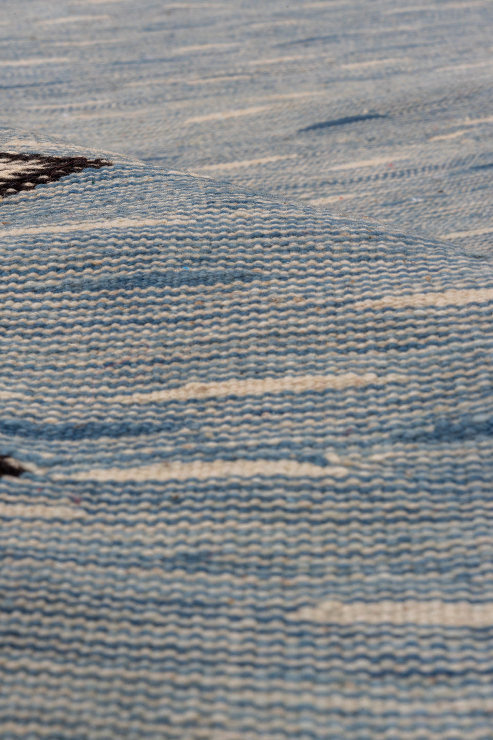 4' x 8' one-of-a-kind handmade vintage Kilim rug. Color palette: pale blue, ivory, charcoal, slate, light blue, gray, black