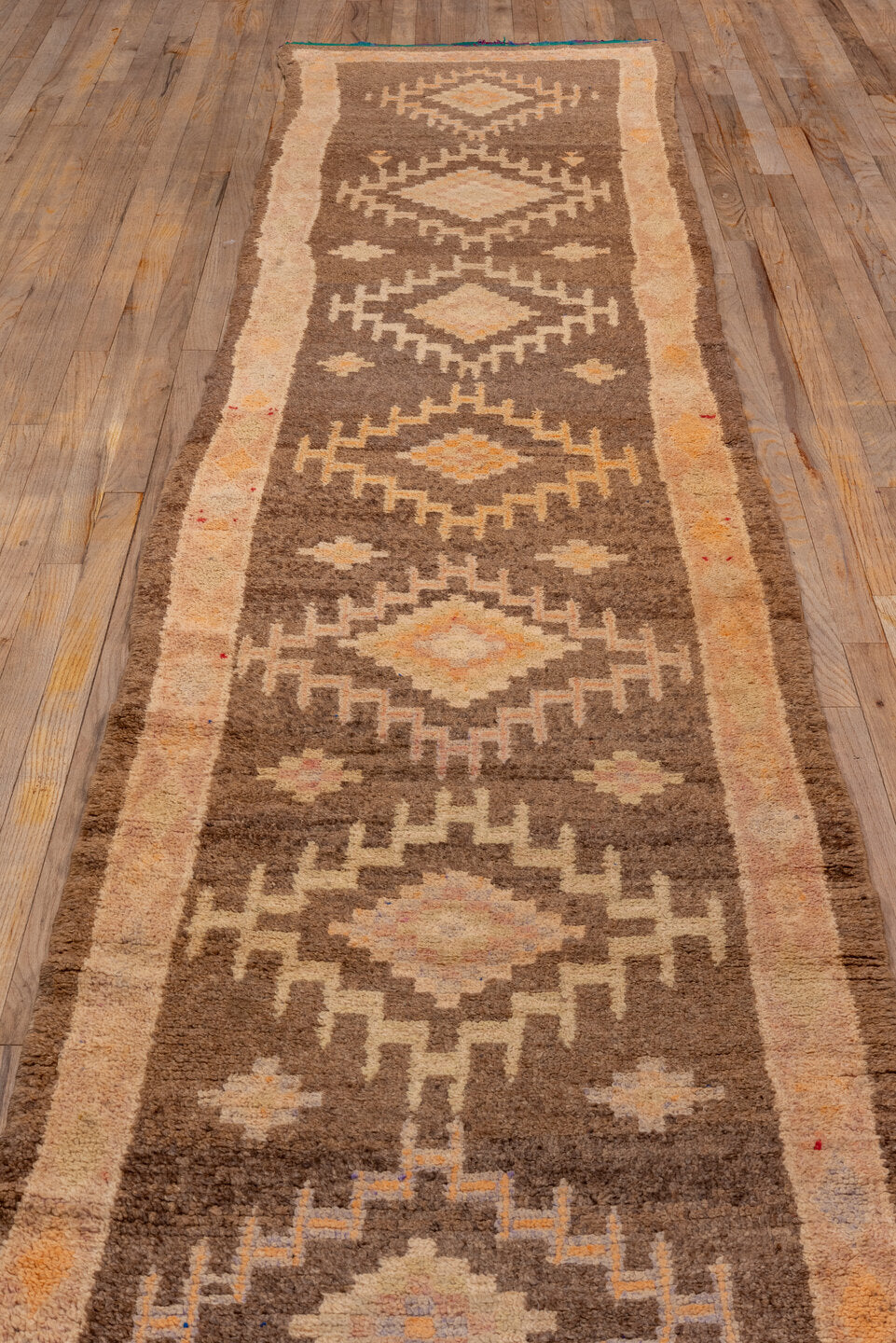 2' x 14' one-of-a-kind handmade vintage Moroccan runner rug. Color palette: blue, brown, off-white, orange, pink, snow