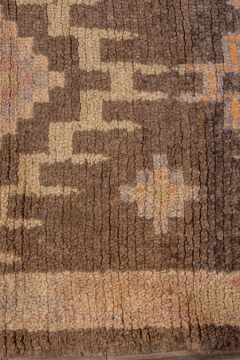 2' x 14' one-of-a-kind handmade vintage Moroccan runner rug. Color palette: brown, beige, blush, taupe, rose, charcoal, teal