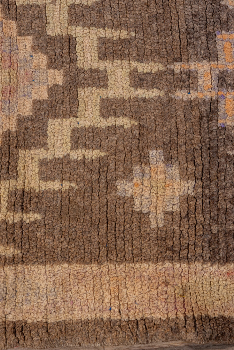 2' x 14' one-of-a-kind handmade vintage Moroccan runner rug. Color palette: blue, brown, off-white, orange, pink, snow