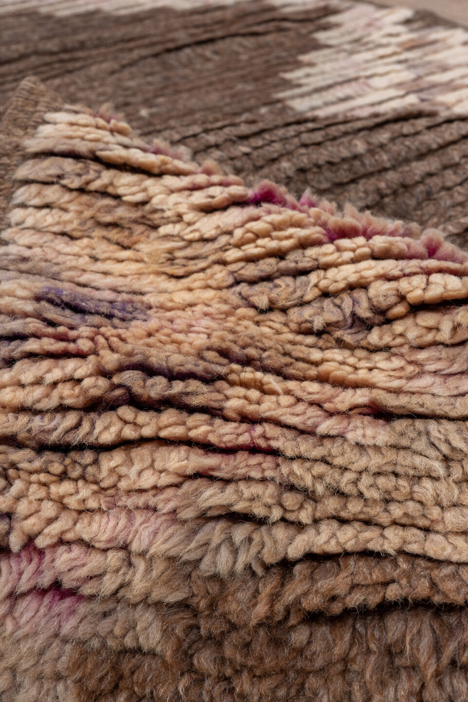 3' x 14' one-of-a-kind handmade vintage Moroccan runner rug. Color palette: brown, blush, taupe, rose, mauve, camel, pink
