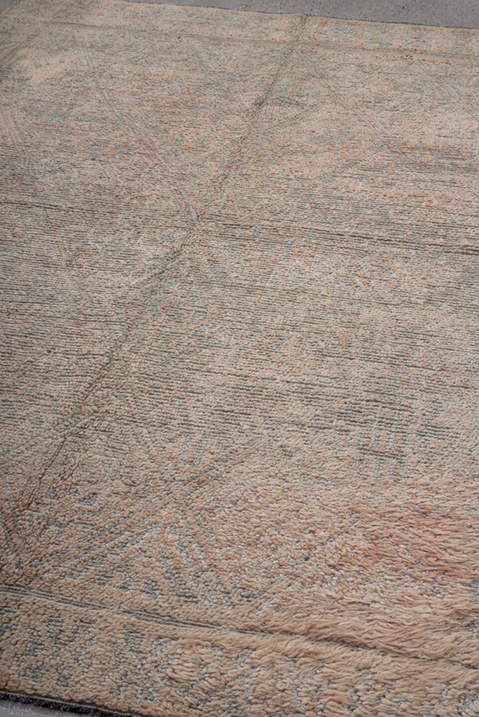 6' x 8' one-of-a-kind handmade vintage Moroccan medium size rug. Color palette: ivory, taupe, sage, blush, beige, camel