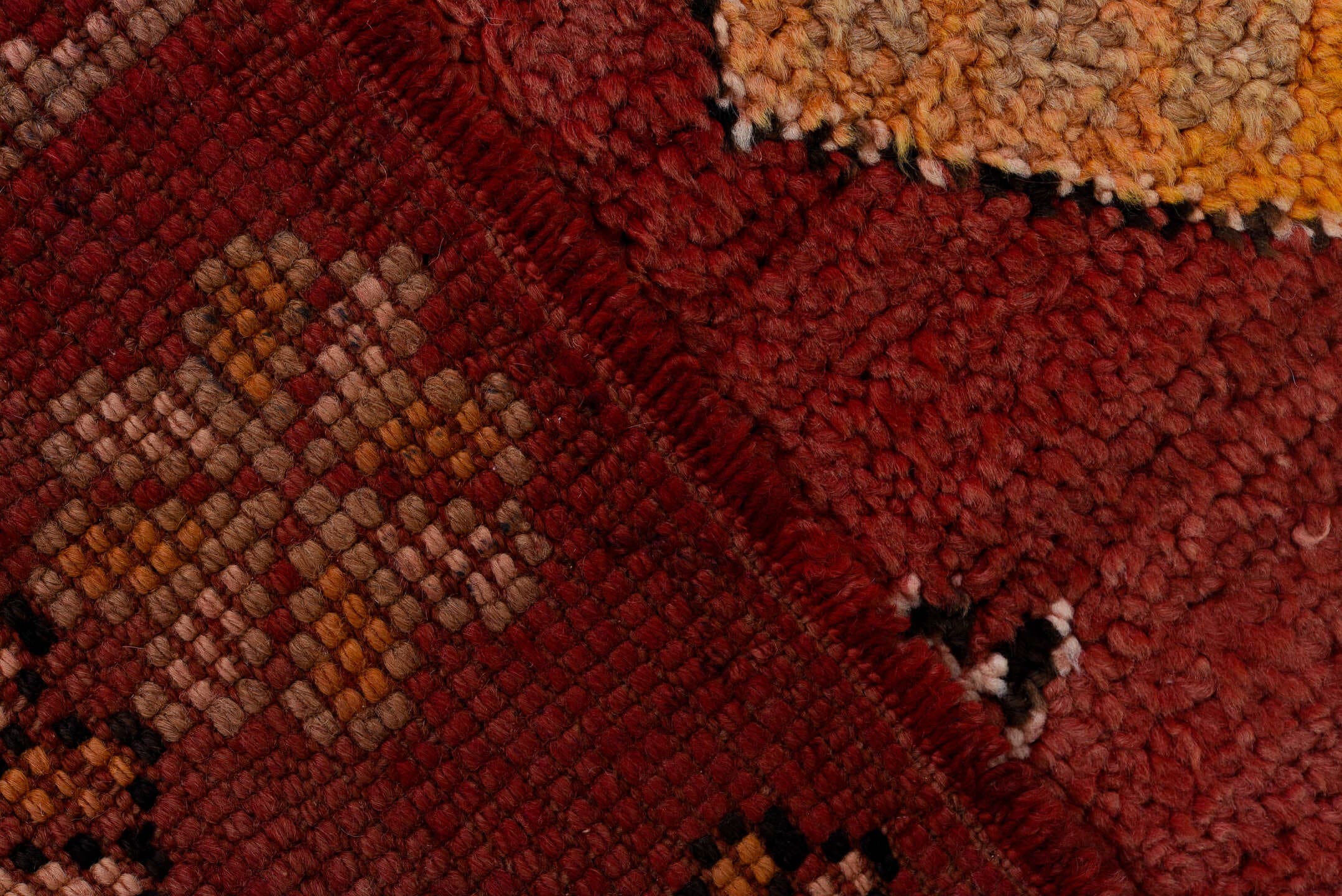 5' x 9' one-of-a-kind handmade antique Moroccan medium size rug. Color palette: red, gold, ivory, black, rose, rust, camel