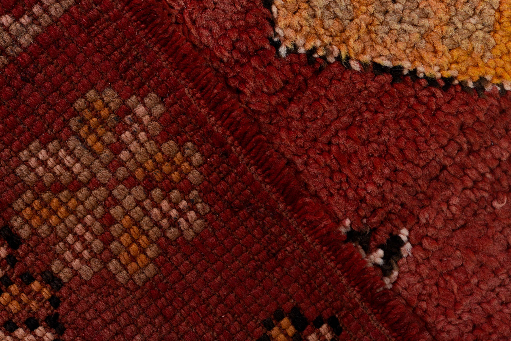 5' x 9' one-of-a-kind handmade antique Moroccan medium size rug. Color palette: red, gold, ivory, black, rose, rust, camel