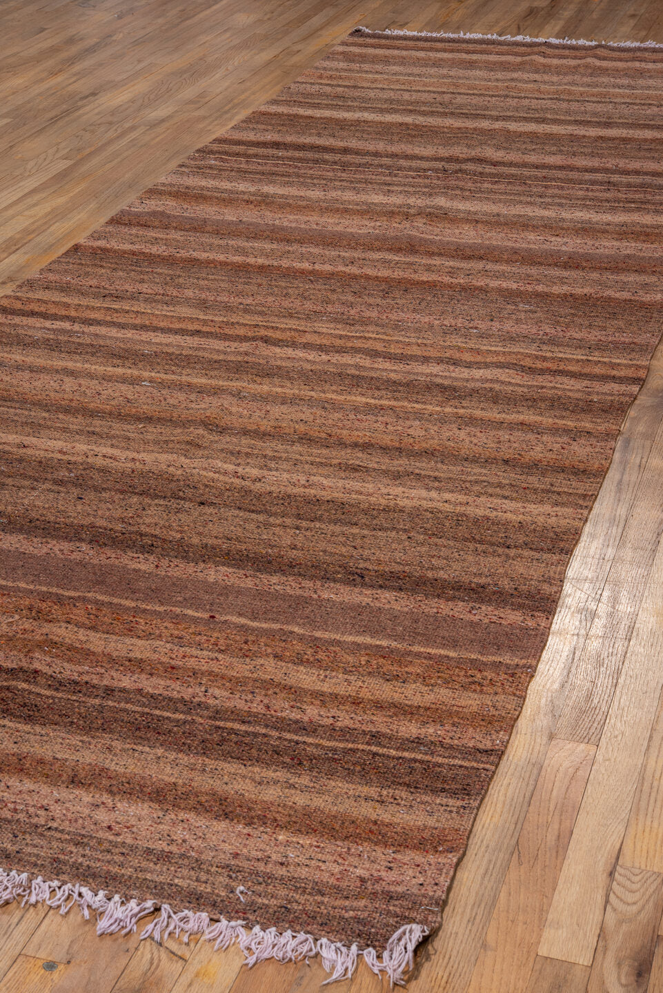 4' x 13' one-of-a-kind handmade antique Kilim runner rug. Color palette: brown, taupe, camel, rose, mahogany, beige, gray