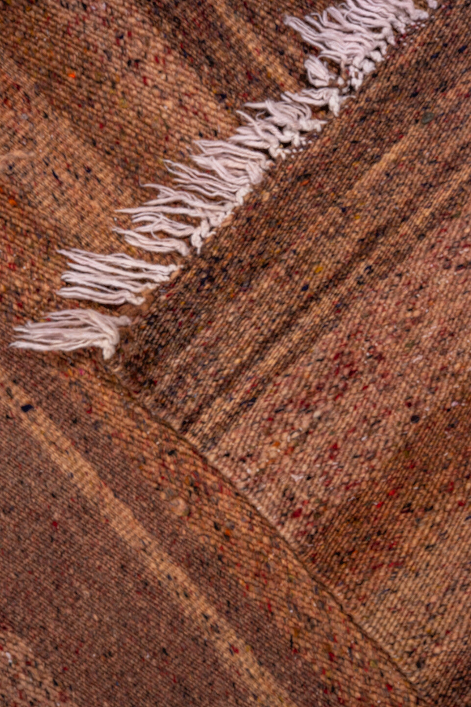 4' x 13' one-of-a-kind handmade antique Kilim runner rug. Color palette: brown, taupe, camel, rose, mahogany, beige, gray