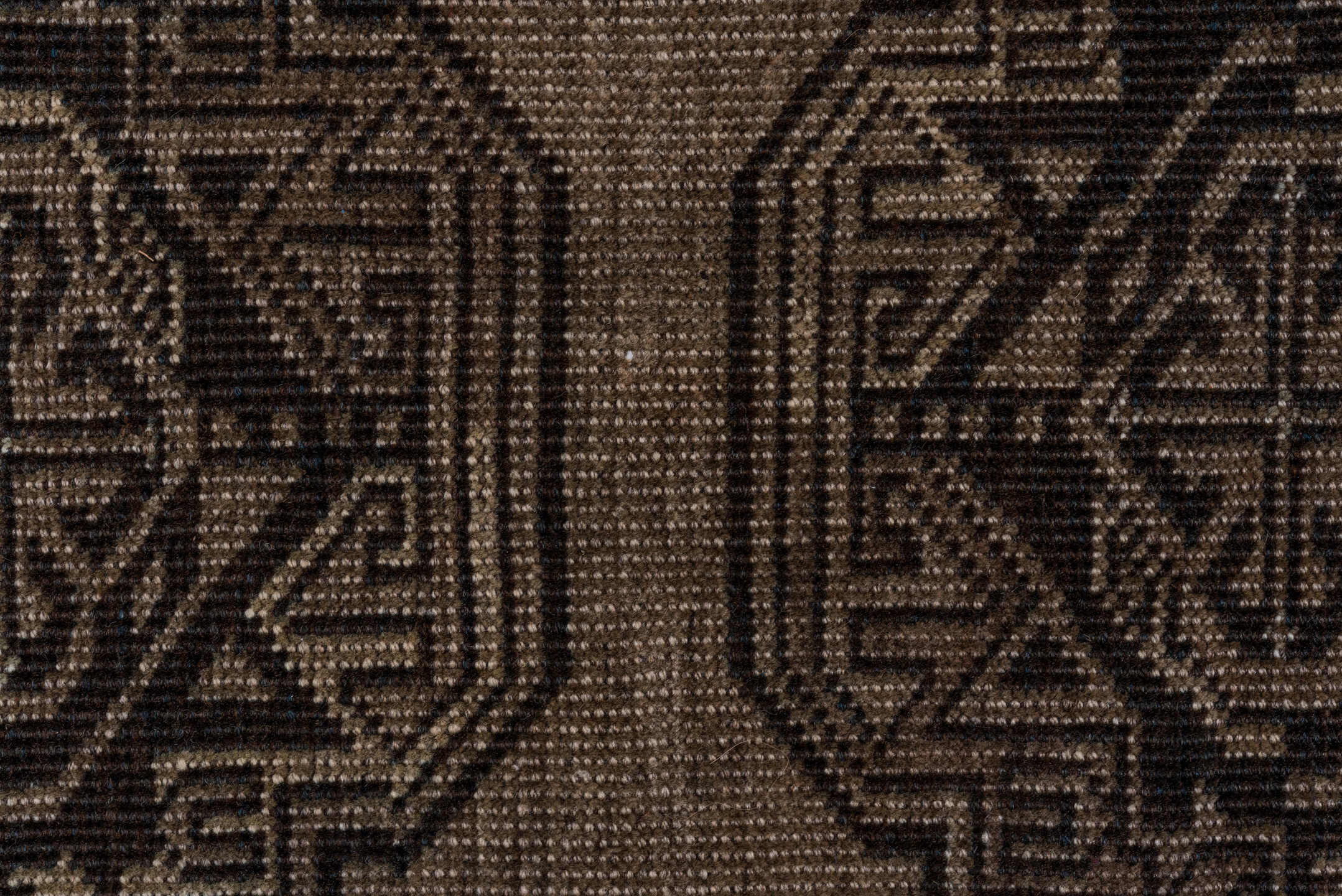 7' x 10' one-of-a-kind handmade antique Afghan large size rug. Color palette: camel, dark brown, taupe, beige, charcoal