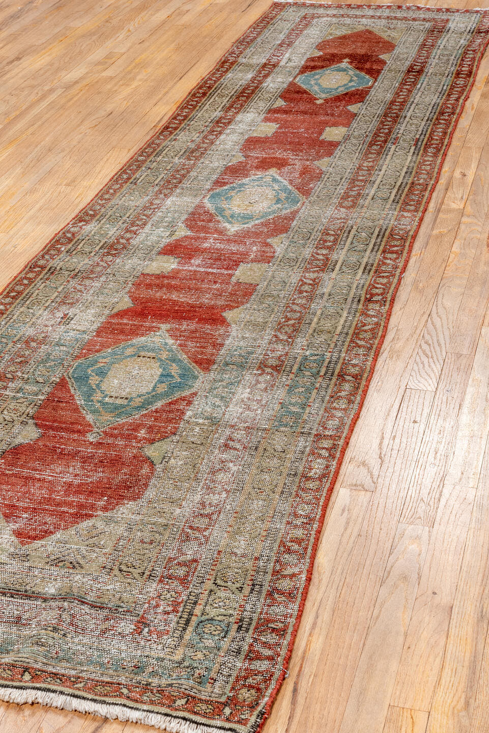 2' x 11' one-of-a-kind handmade antique Malayer runner rug. Color palette: rust, ivory, sky_blue, beige, camel, taupe