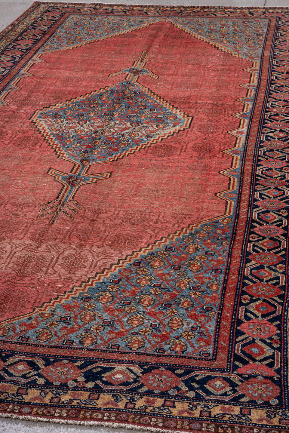 6' x 11' one-of-a-kind handmade antique Malayer large size rug. Color palette: rose, sky blue, indigo, ivory, rust, camel