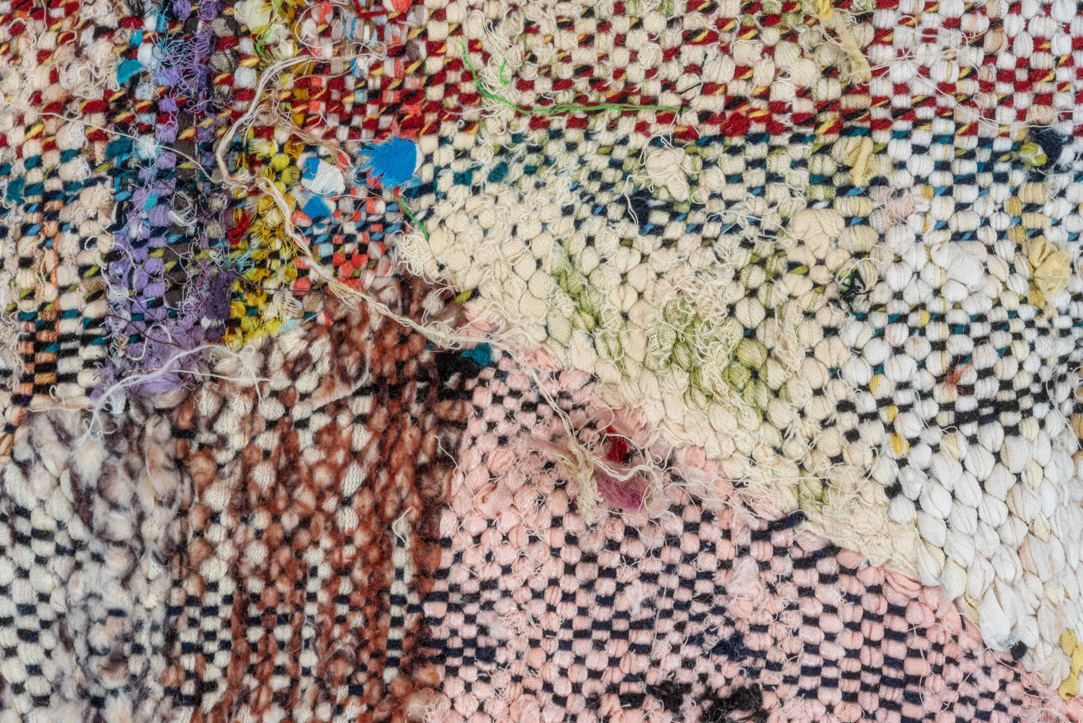 4' x 8' one-of-a-kind handmade vintage Rag Rug rug. Color palette: blush, turquoise, ivory, magenta, brown, aqua, olive