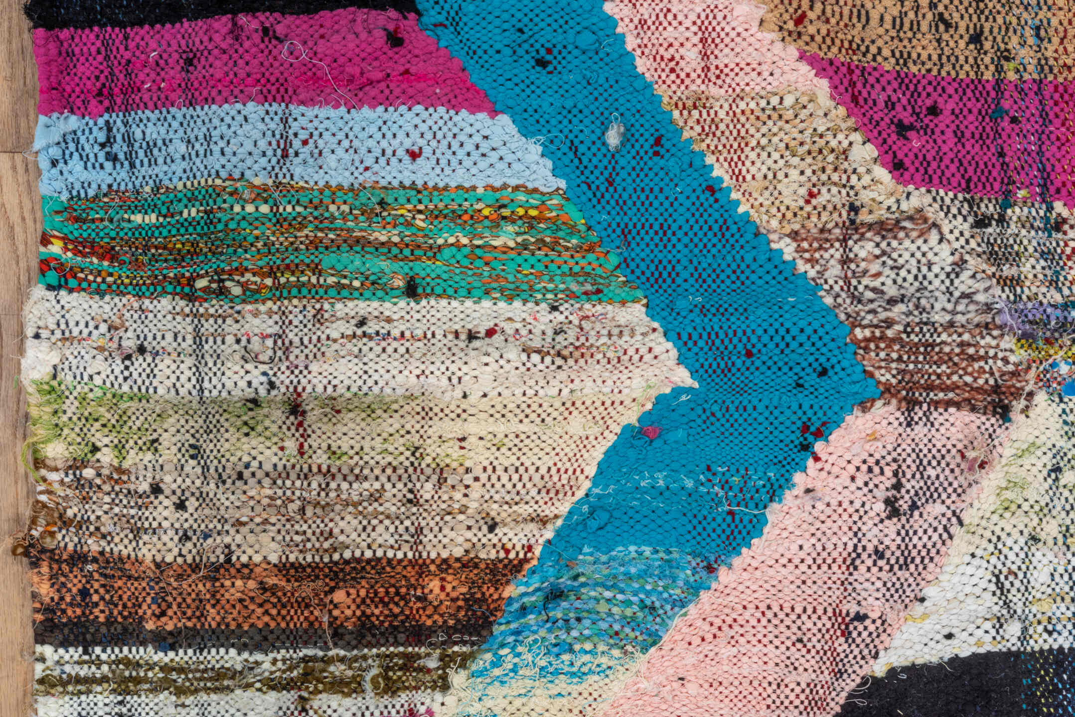 4' x 8' one-of-a-kind handmade vintage Rag Rug rug. Color palette: blush, turquoise, ivory, magenta, brown, aqua, olive