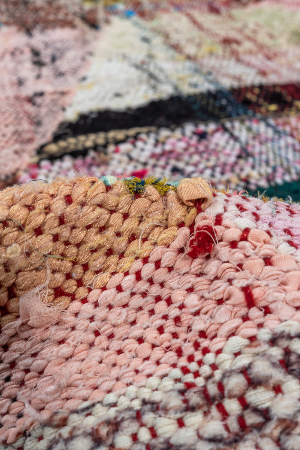 4' x 8' one-of-a-kind handmade vintage Rag Rug rug. Color palette: blush, turquoise, ivory, magenta, brown, aqua, olive