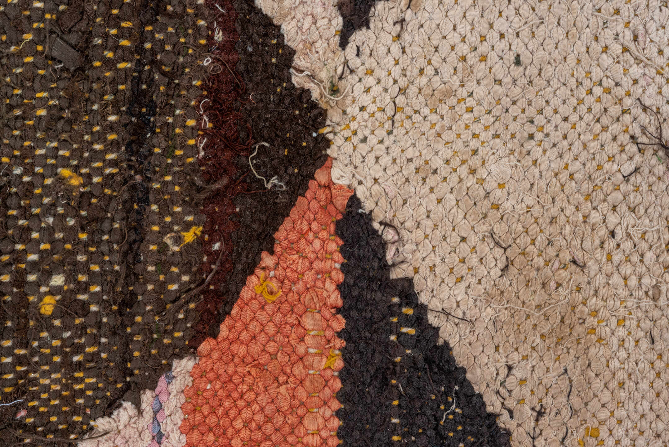 5' x 9' one-of-a-kind handmade vintage Rag Rug medium size rug. Color palette: black, blue, brown, dim gray, gray