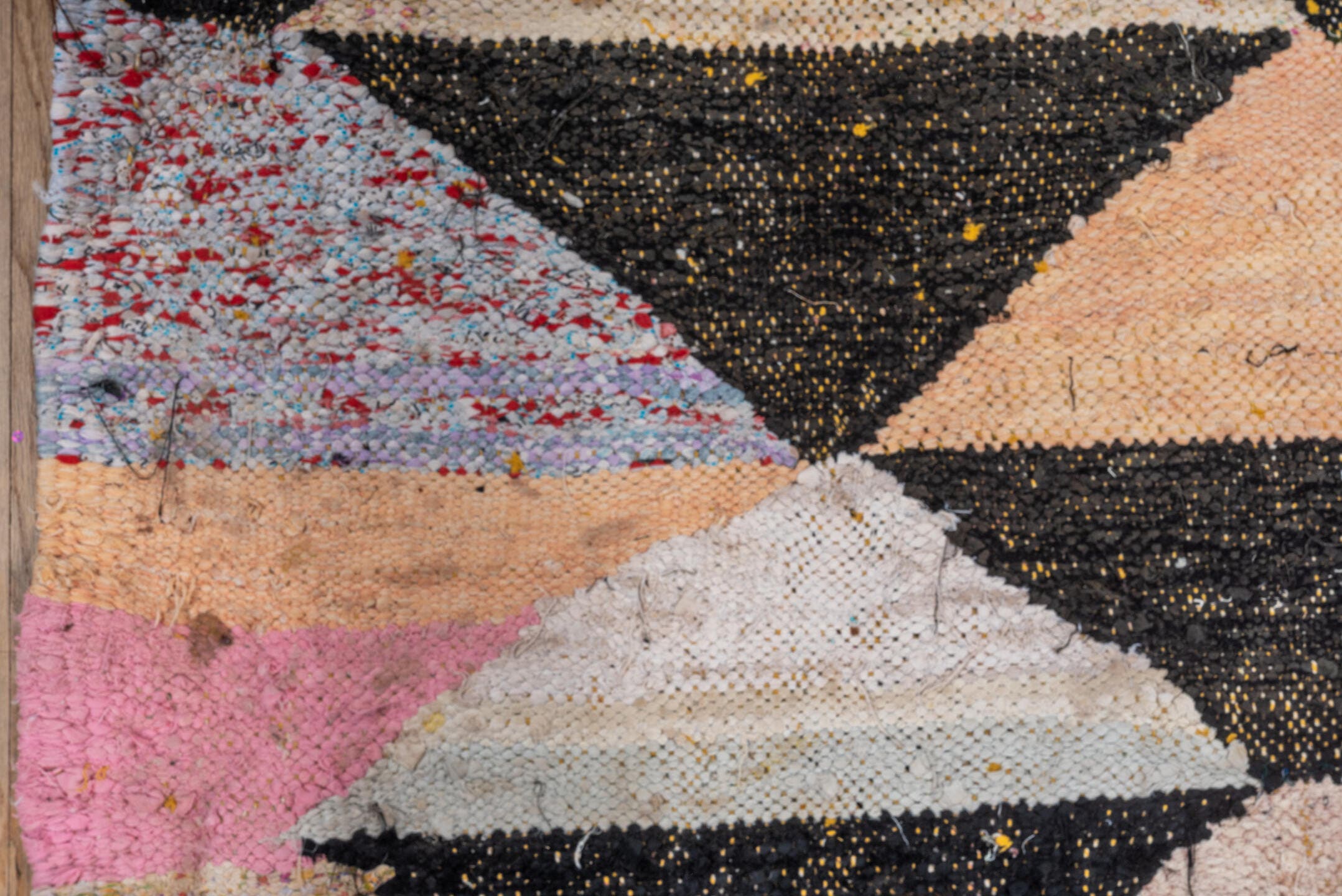 5' x 9' one-of-a-kind handmade vintage Rag Rug medium size rug. Color palette: ivory, black, sand, blush, sky blue, mint