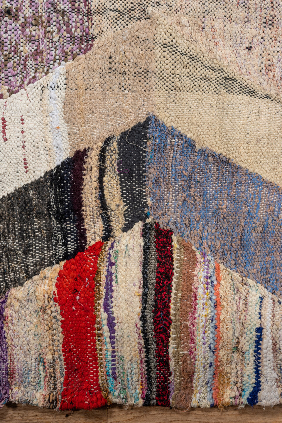 4' x 8' one-of-a-kind handmade vintage Rag Rug rug. Color palette: ivory, taupe, charcoal, cream, turquoise, lavender, green