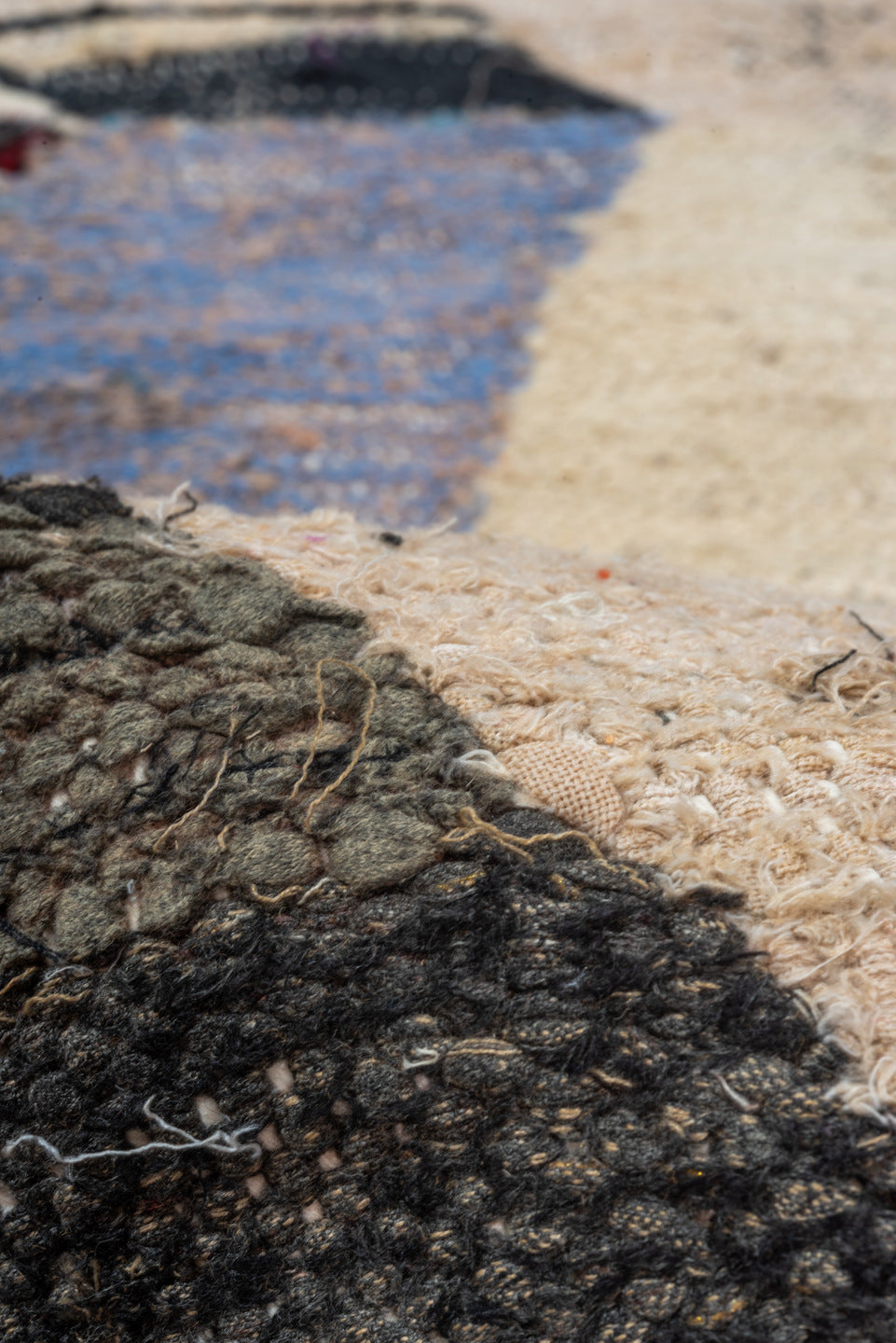 4' x 8' one-of-a-kind handmade vintage Rag Rug rug. Color palette: black, blue, brown, gainsboro, gray, light gray