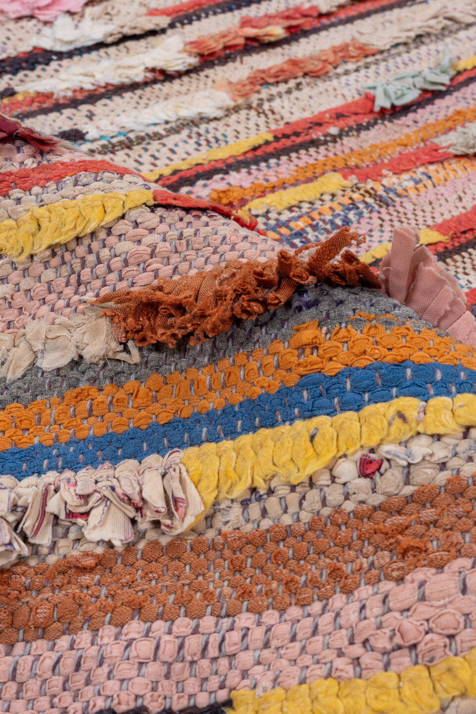 4' x 7' one-of-a-kind handmade vintage Rag Rug rug. Color palette: blue, brown, dark gray, gray, light gray, off-white, pink