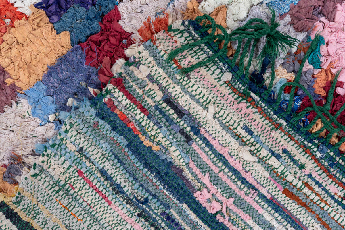 3' x 7' one-of-a-kind handmade vintage Rag Rug runner rug. Color palette: ivory, blush, denim, crimson, lavender, sky_blue