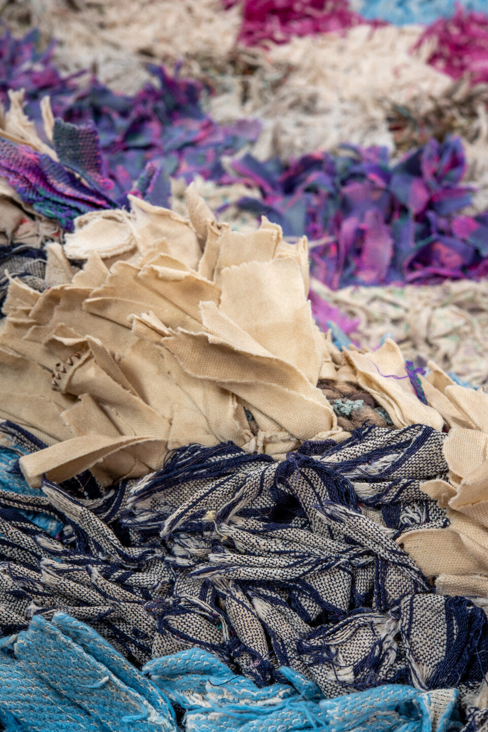 3' x 5' one-of-a-kind handmade vintage Rag Rug small size rug. Color palette: blue, gray, light blue, light gray, off-white