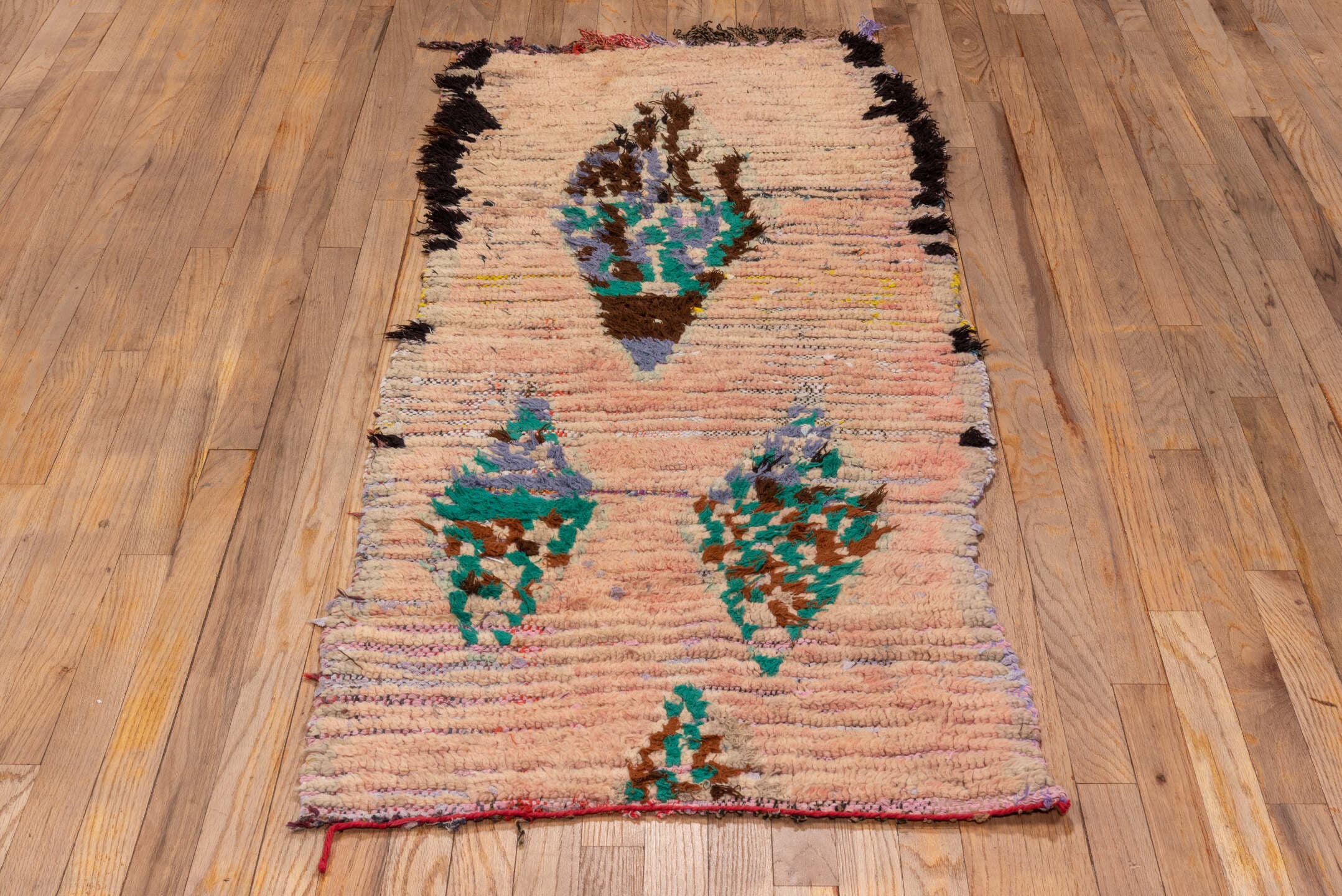 2' x 6' one-of-a-kind handmade vintage Rag Rug runner rug. Color palette: blush, brown, turquoise, black, lavender, ivory