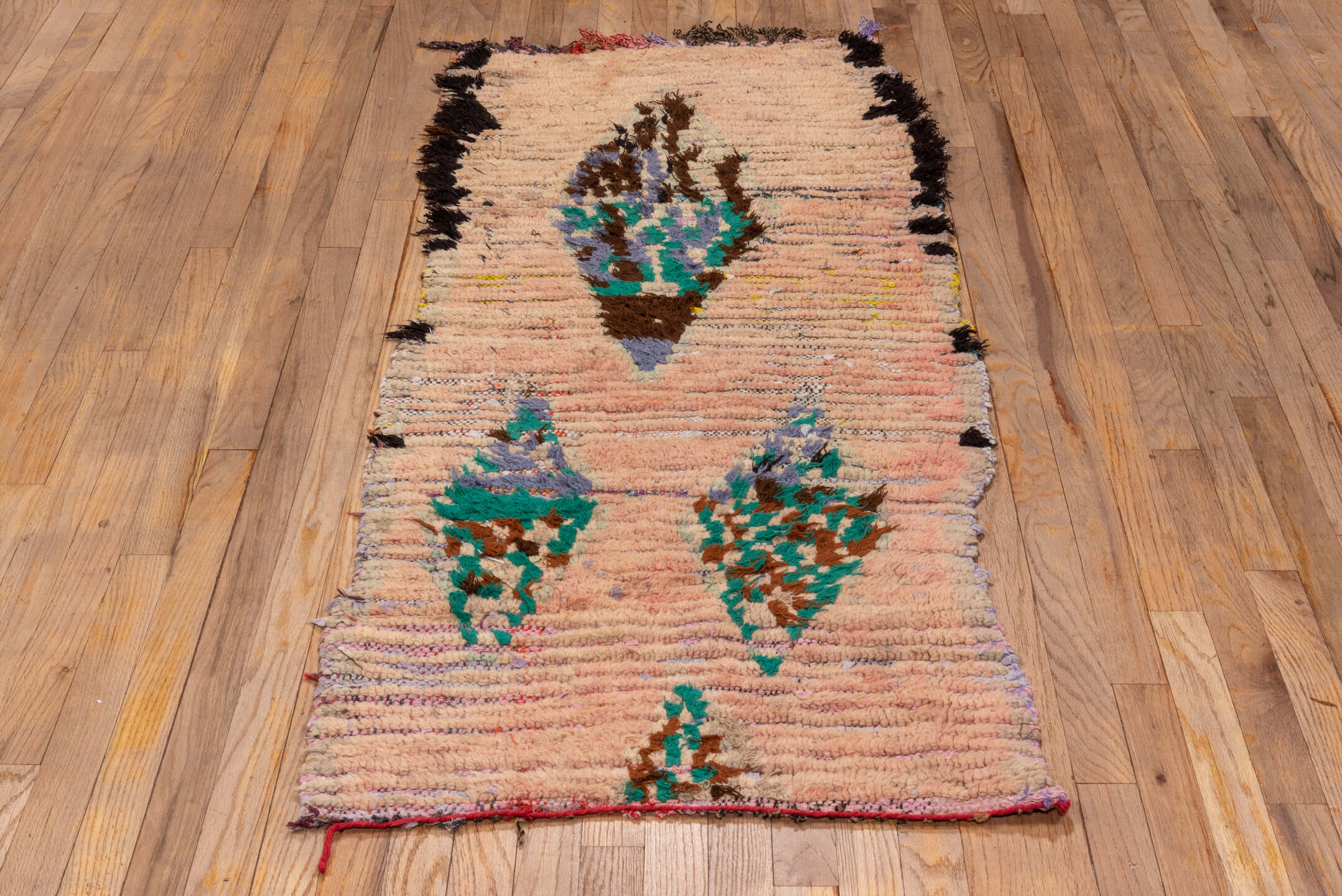 2' x 6' one-of-a-kind handmade vintage Rag Rug runner rug. Color palette: blush, brown, turquoise, black, lavender, ivory