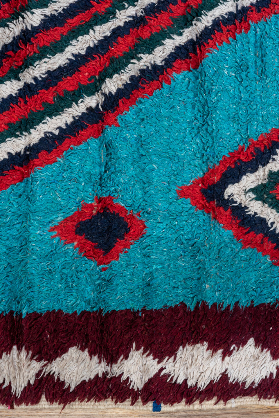 3' x 6' one-of-a-kind handmade vintage Rag Rug small size rug. Color palette: turquoise, ivory, burgundy, crimson, navy