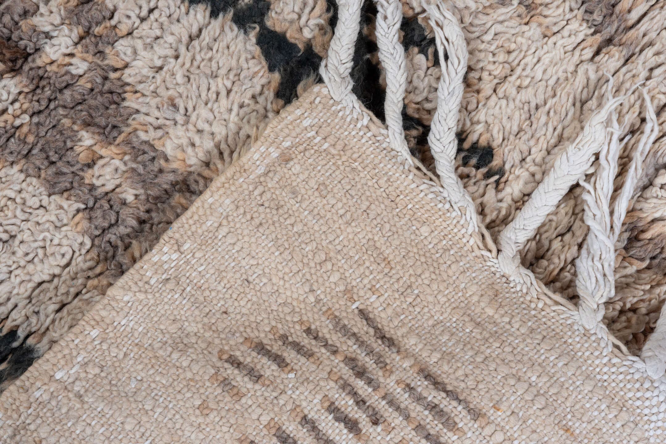 2' x 7' one-of-a-kind handmade vintage Moroccan runner rug. Color palette: ivory, taupe, charcoal, brown, camel, beige, gray