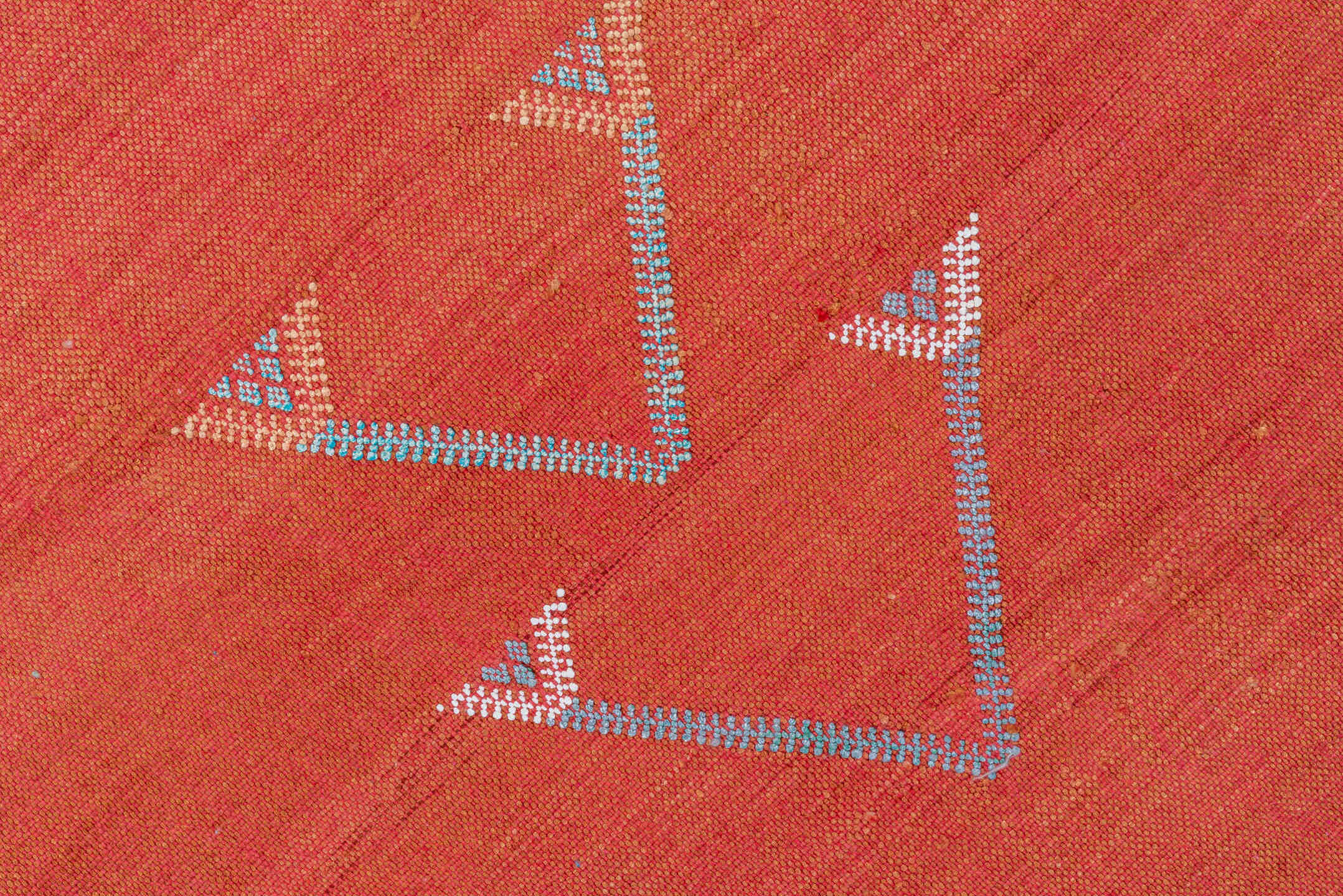 6' x 9' one-of-a-kind handmade vintage Cactus Kilim medium size rug. Color palette: terra cotta, coral, ivory, pale blue