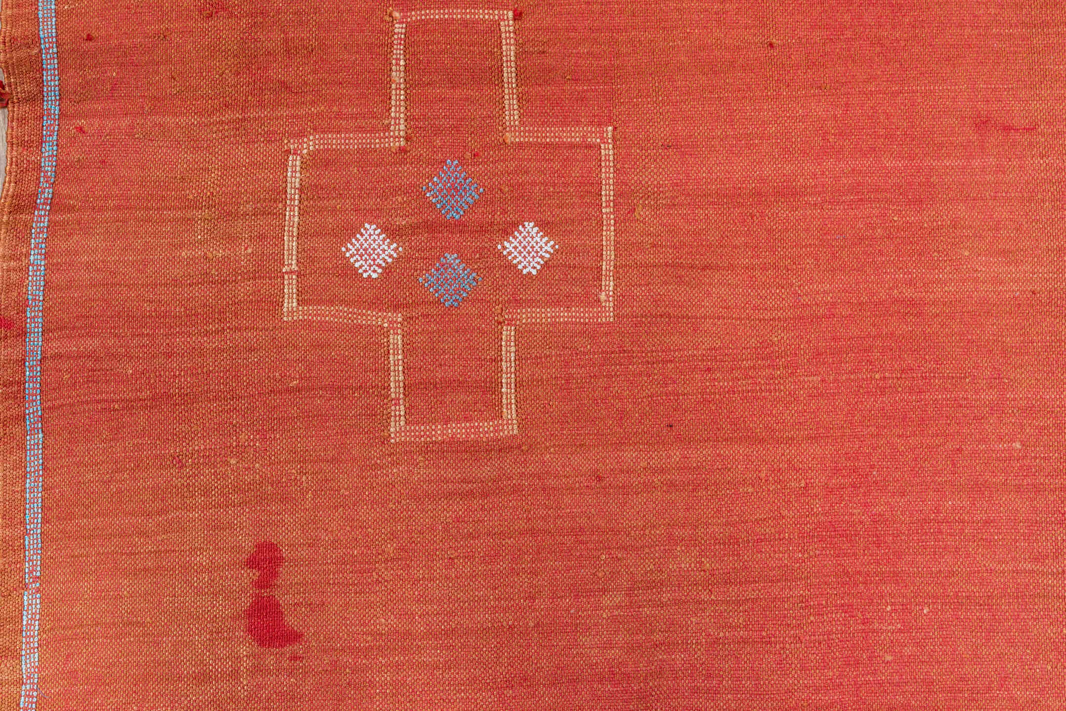 6' x 9' one-of-a-kind handmade vintage Cactus Kilim medium size rug. Color palette: terra cotta, coral, ivory, pale blue
