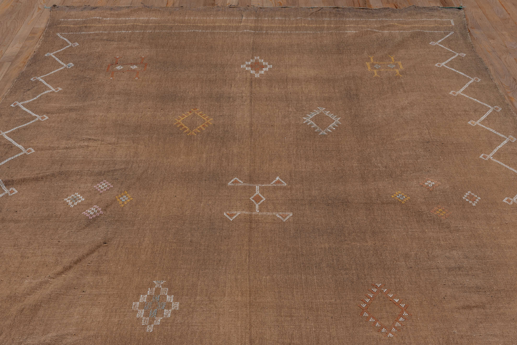 6' x 9' one-of-a-kind handmade vintage Cactus Kilim medium size rug. Color palette: camel, taupe, ivory, ochre, rose, brown