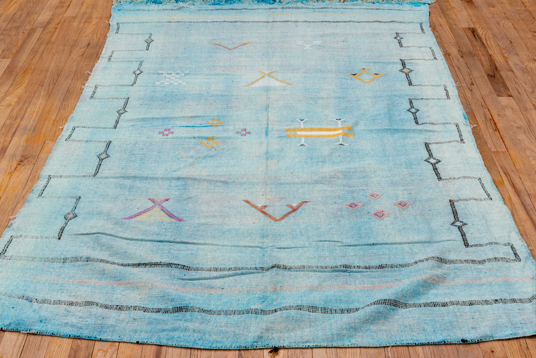 4' x 7' one-of-a-kind handmade vintage Cactus Kilim rug. Color palette: sky blue, turquoise, charcoal, ivory, gold, rose