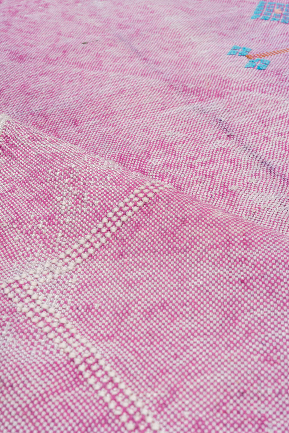 4' x 8' one-of-a-kind handmade vintage Cactus Kilim rug. Color palette: pink, rose, magenta, ivory, saffron, sky_blue