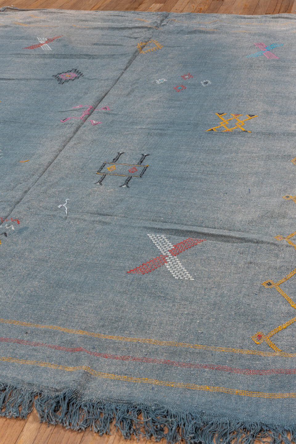 5' x 8' one-of-a-kind handmade vintage Cactus Kilim medium size rug. Color palette: arapawa, blue, brown, dark gray, fiord