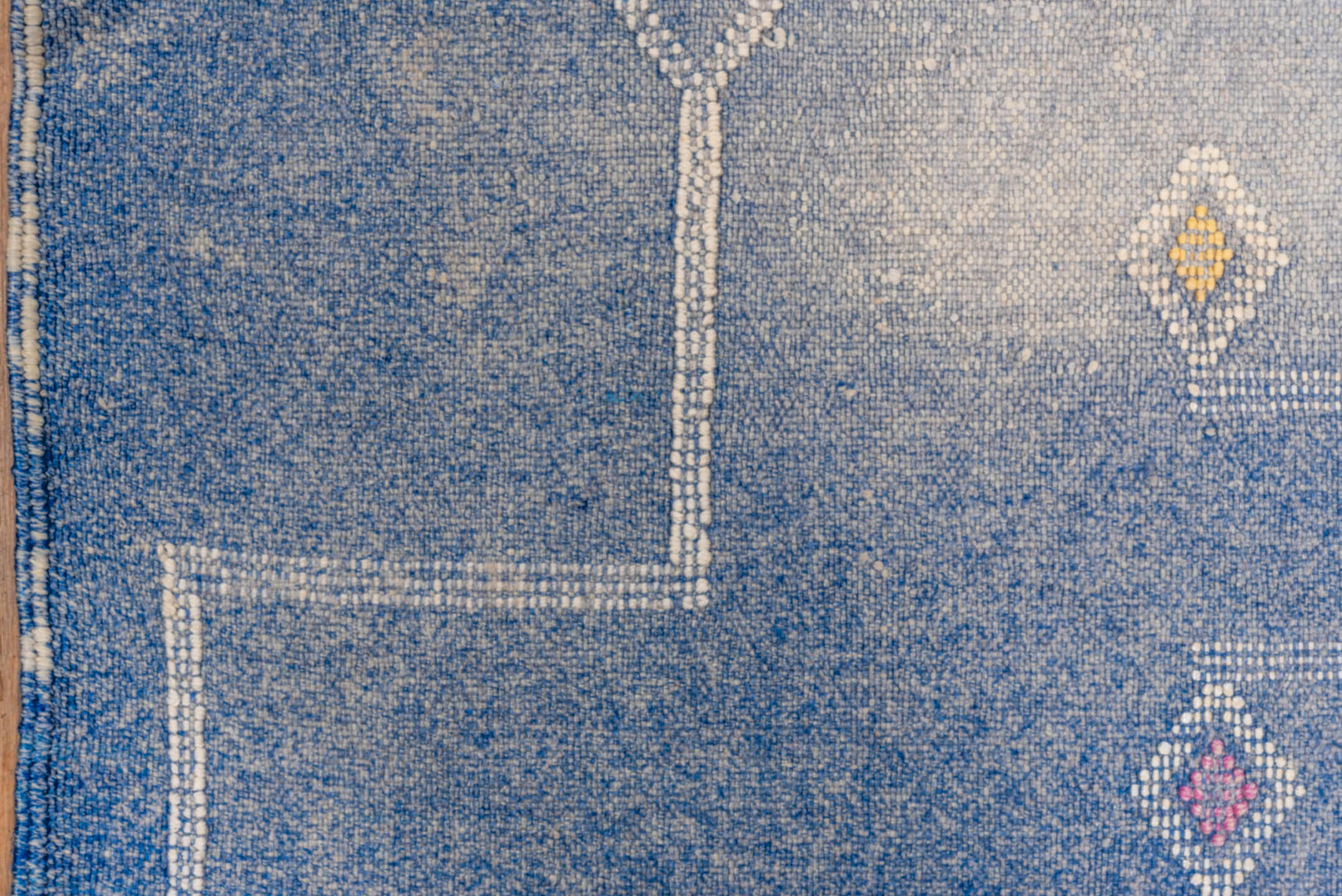 5' x 8' one-of-a-kind handmade vintage Cactus Kilim medium size rug. Color palette: blue, ivory, white, rose, saffron