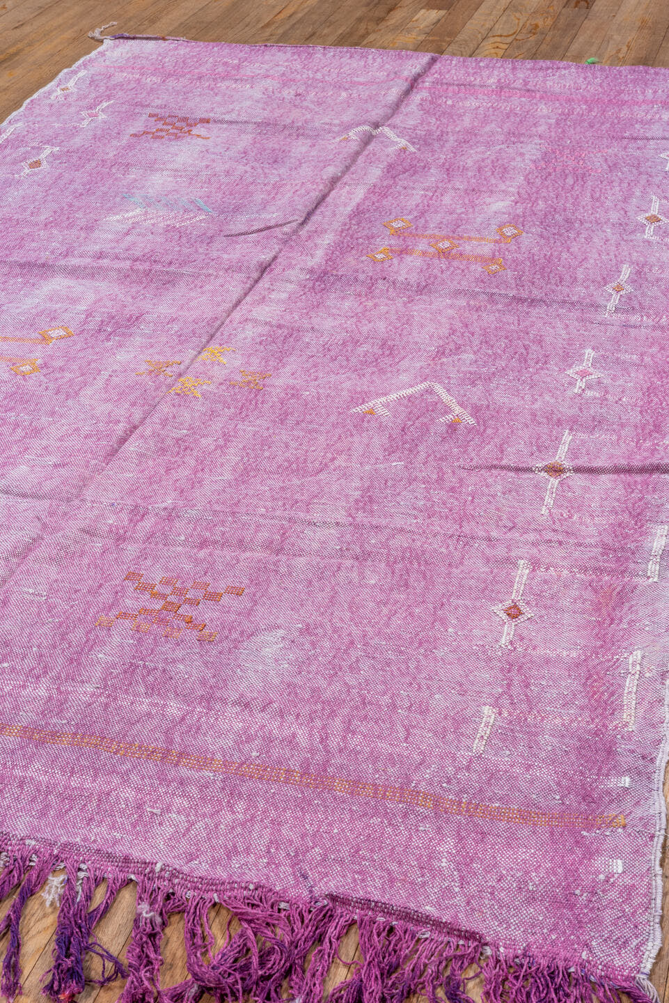 4' x 7' one-of-a-kind handmade vintage Cactus Kilim rug. Color palette: pink, lavender, ivory, rose, orange, plum