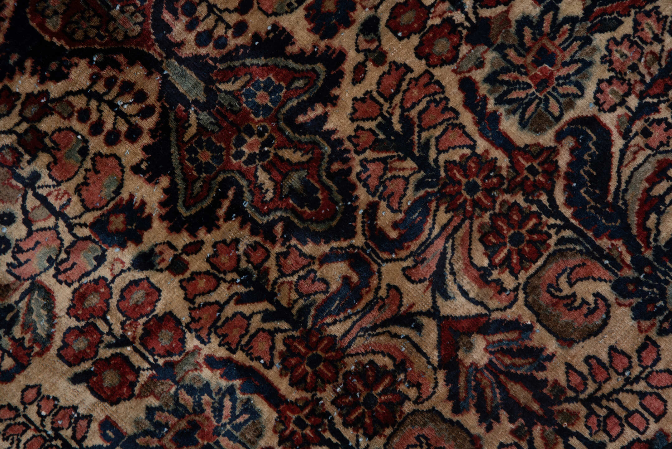 5' x 7' one-of-a-kind handmade antique Sarouk rug. Color palette: ivory, rust, navy, rose, soft blue, burgundy, taupe
