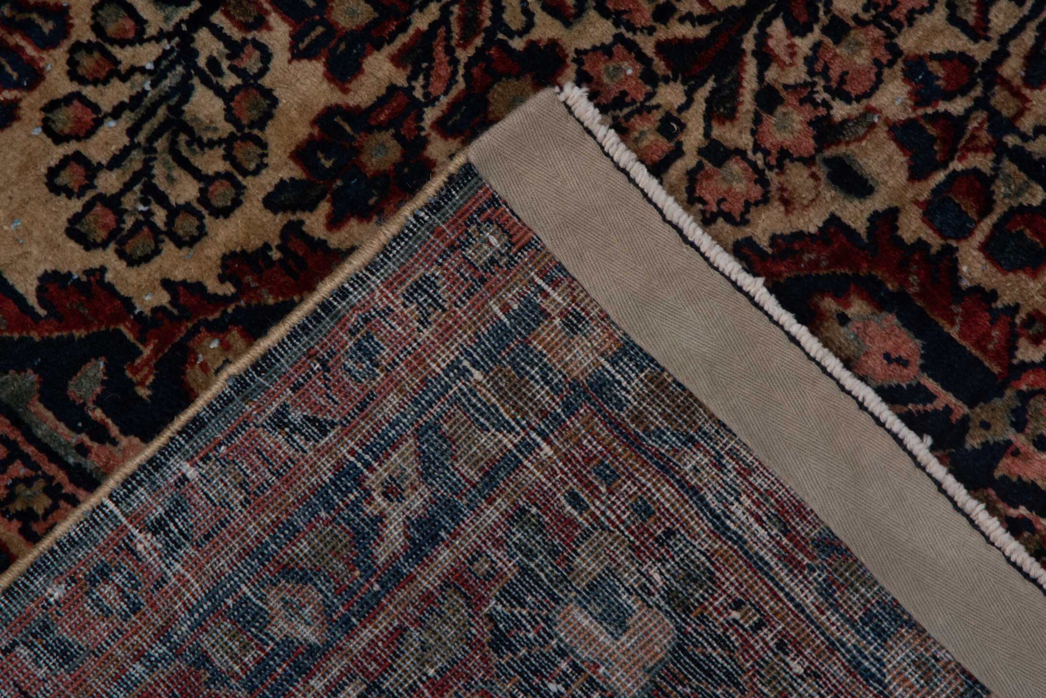 5' x 7' one-of-a-kind handmade antique Sarouk rug. Color palette: ivory, rust, navy, rose, soft blue, burgundy, taupe
