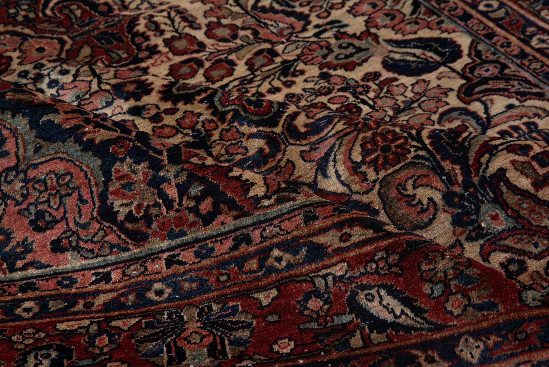 5' x 7' one-of-a-kind handmade antique Sarouk rug. Color palette: ivory, rust, navy, rose, soft blue, burgundy, taupe