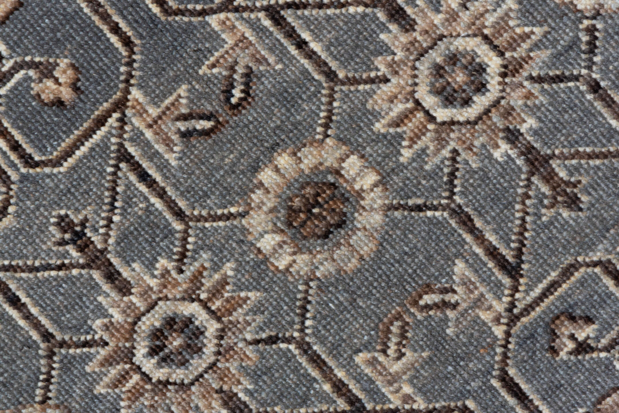 5' x 7' one-of-a-kind handmade vintage Khotan rug. Color palette: brown, dim gray, gray, light gray, off-white, pink