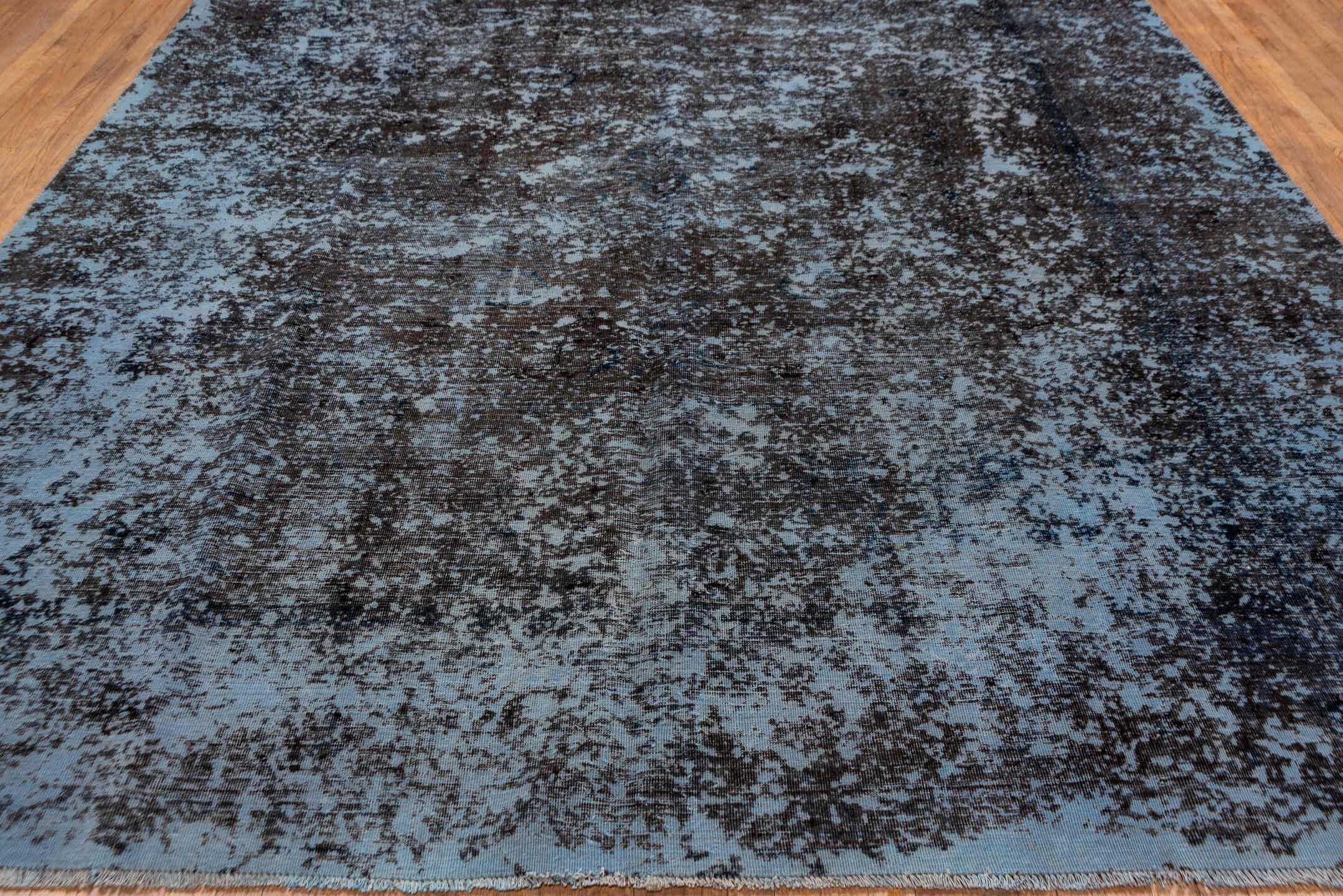 9' x 12' one-of-a-kind handmade vintage Overdyed large size rug. Color palette: blue, charcoal, slate, black, gray