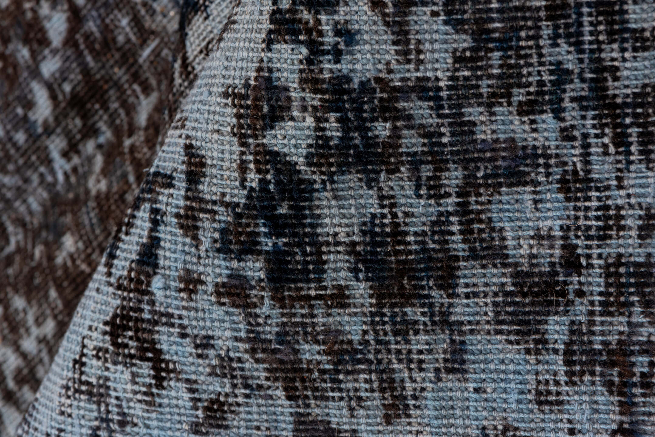 9' x 12' one-of-a-kind handmade vintage Overdyed large size rug. Color palette: blue, charcoal, slate, black, gray