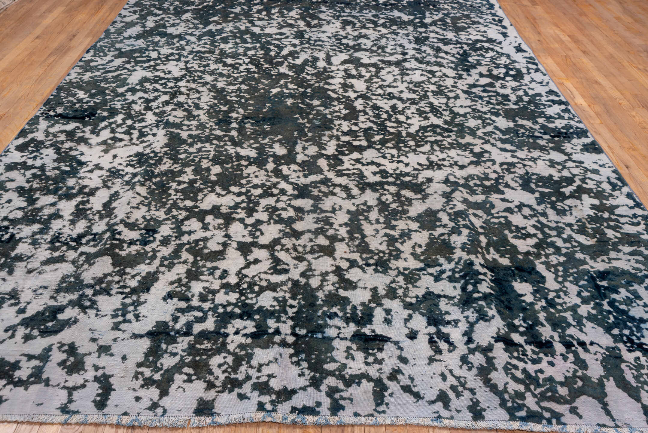 9' x 12' one-of-a-kind handmade vintage Overdyed large size rug. Color palette: blue, slate, ivory, charcoal, steel_blue