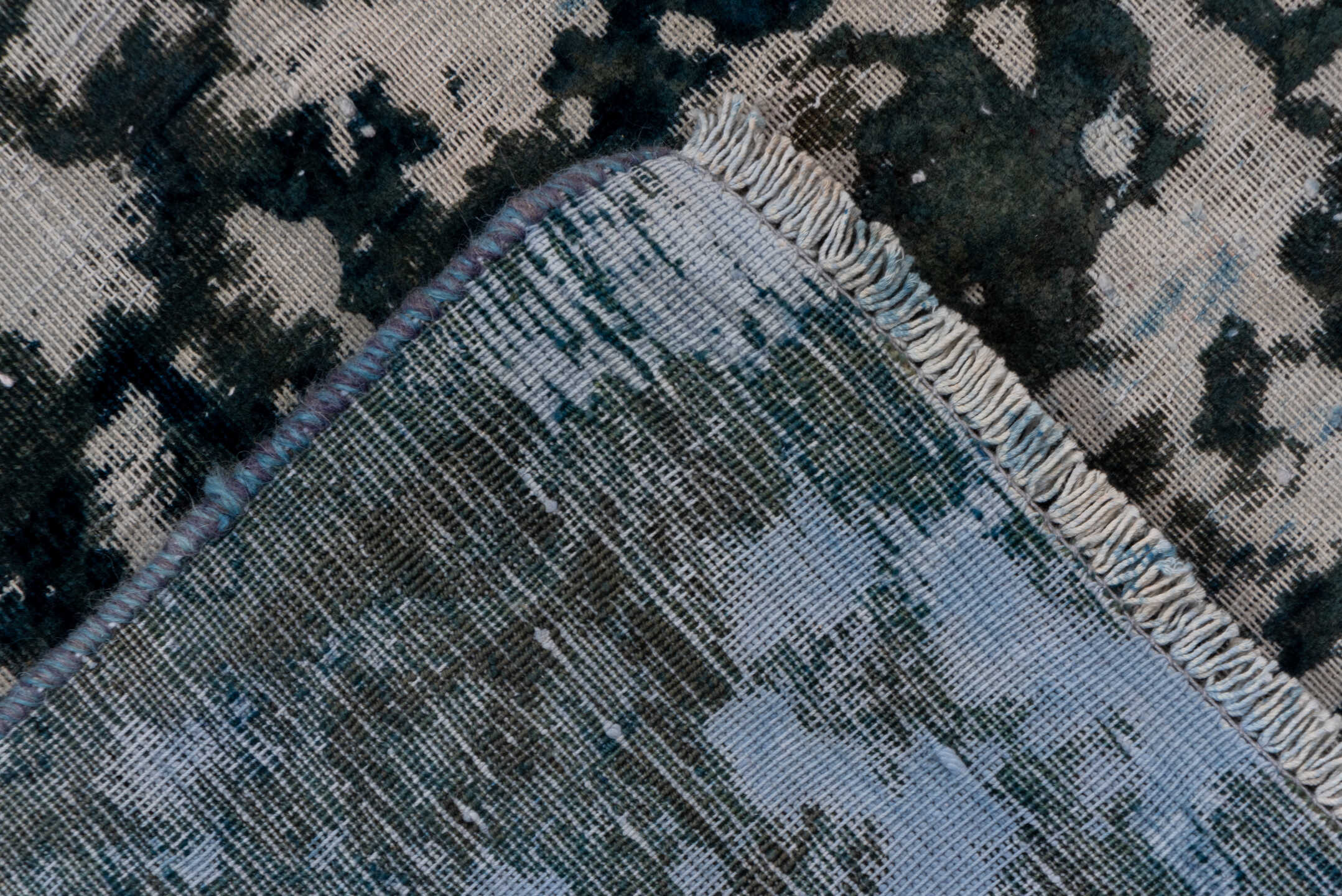 9' x 12' one-of-a-kind handmade vintage Overdyed large size rug. Color palette: blue, slate, ivory, charcoal, steel_blue