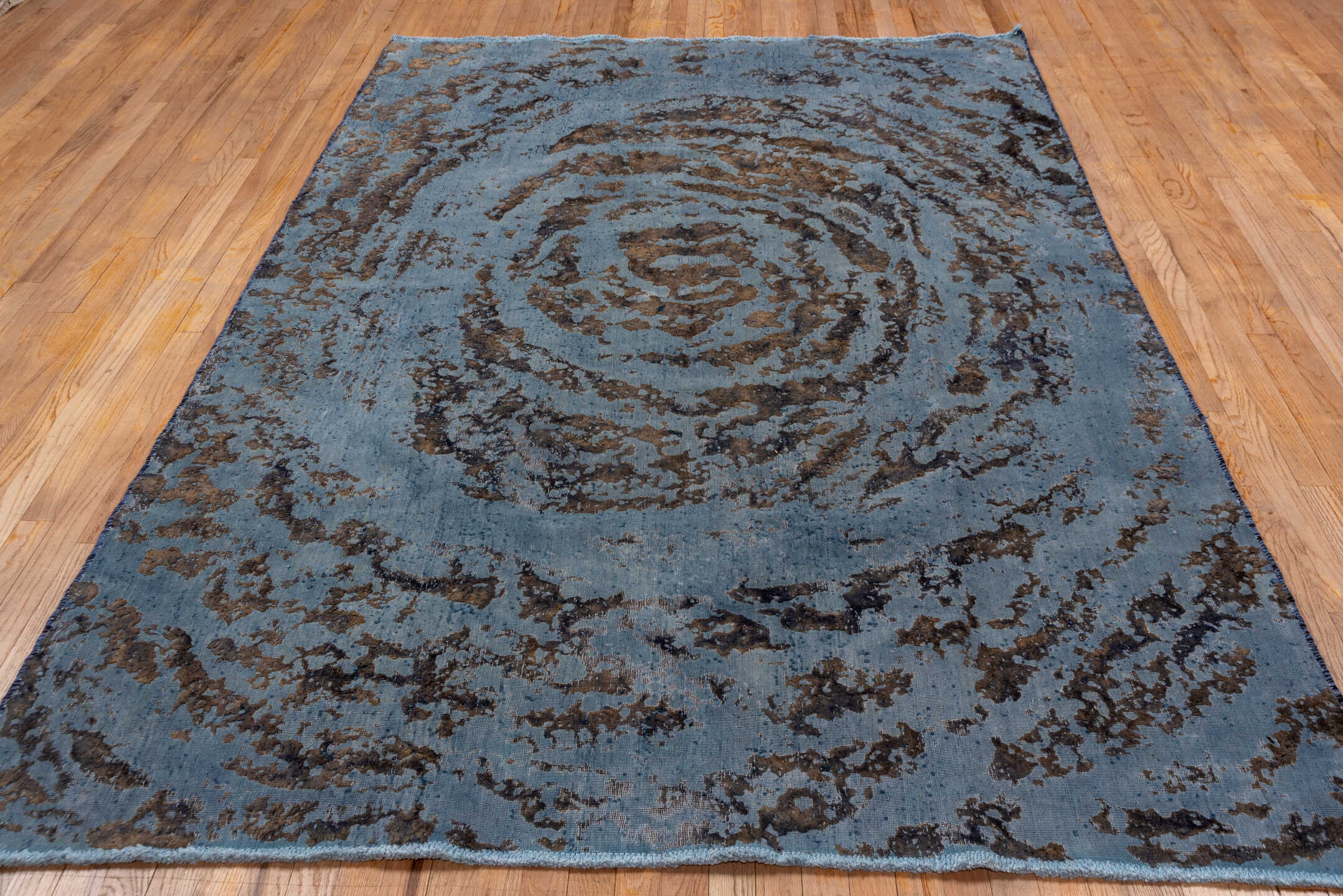5' x 7' one-of-a-kind handmade vintage Overdyed rug. Color palette: black, blue, charcoal, fiord, gray, light blue
